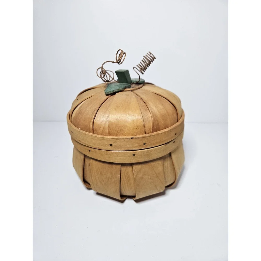 Pumpkin Wooden Bushel Basket with Lid Orange Halloween Fall Decor 6